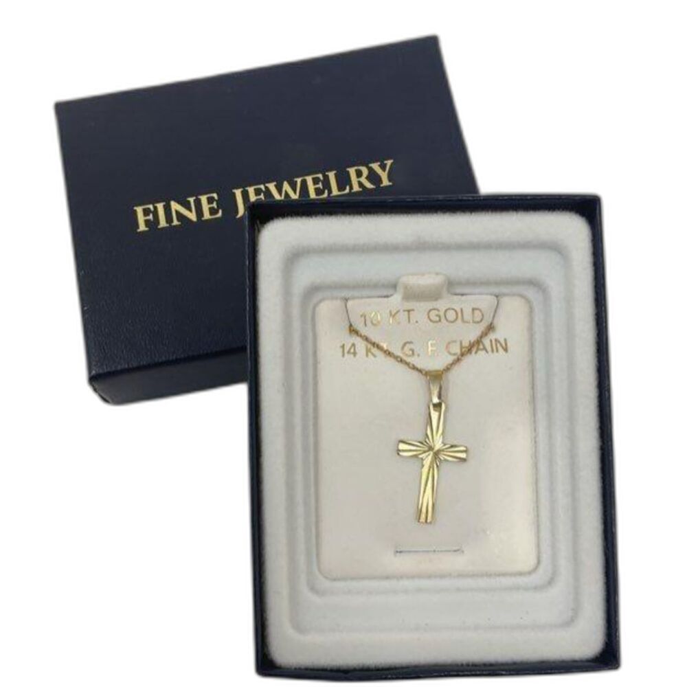 Vintage 10K Yellow Gold Sunburst Cross Pendant 14K Gold Filled Chain Necklace